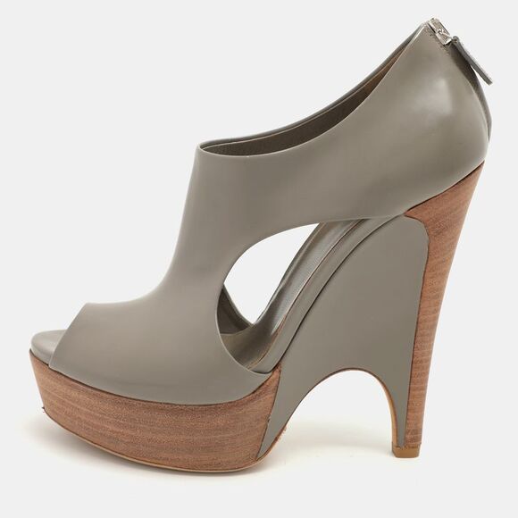 Grey Leather Cut Out Peep Toe Platform Booties Size 37.5,New Products : American Fashion Style Bags On Sale